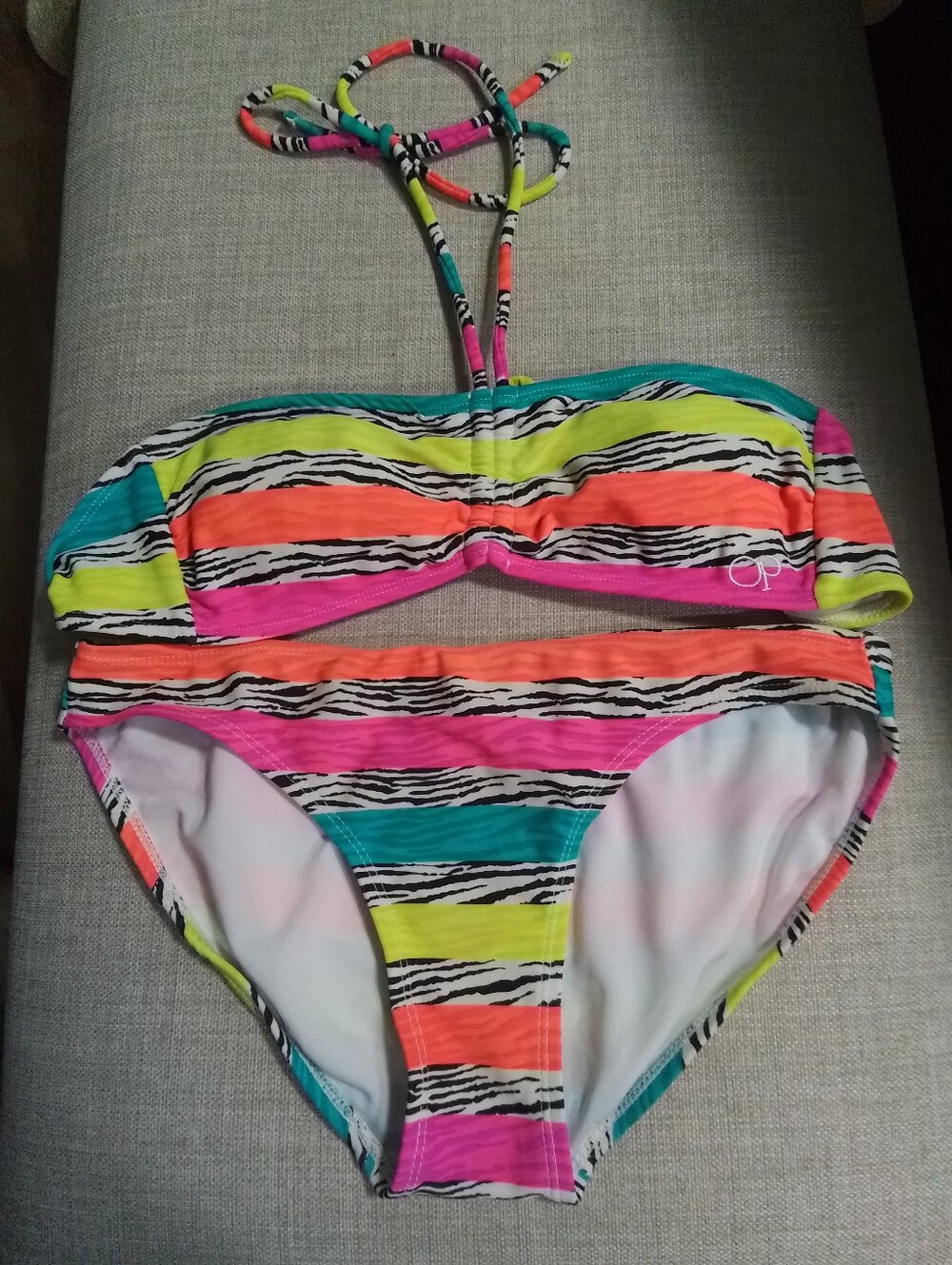 OP Girls Neon Zebra Stripe Two-Piece Bikini - Pink, Orange, Yellow, Teal